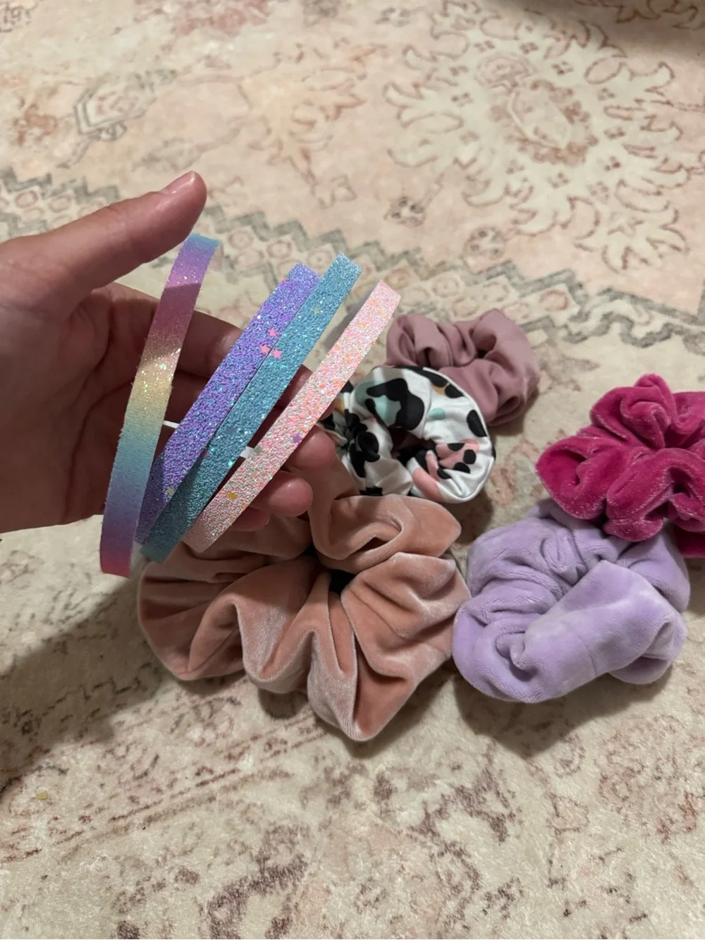 Kids Glitter Pastel Headbands and Velvet Scrunchies Set - Pink, Purple, Peach